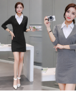 2016秋装新款韩版修身假两件衬衫领长袖打底连衣裙