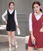 2016女装韩版时尚潮假两件衬衫中长款条纹气质职业连衣裙