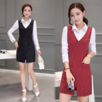 2016女装韩版时尚潮假两件衬衫中长款条纹气质职业连衣裙